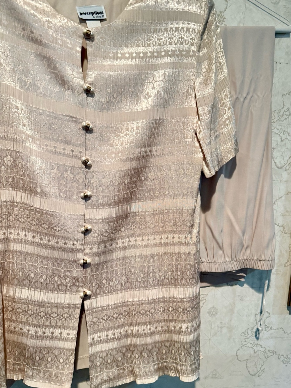 Perceptions by Irene B Ivory Jacquard Patterned Cream Short Sleeve Top and Pants